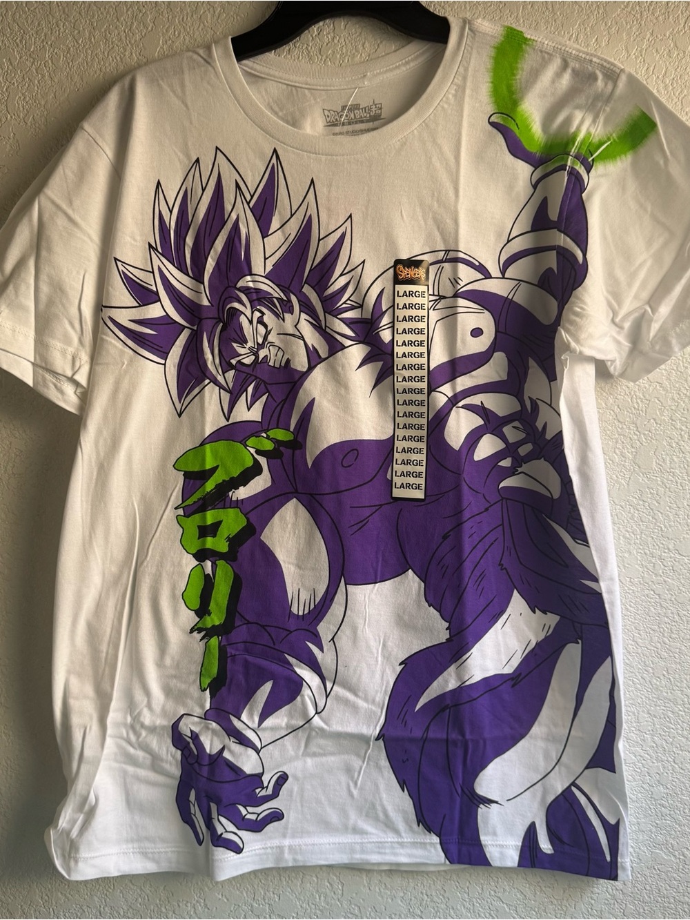 DragonBall Broly White shirt with Purple Graphic & Neon Green Accents size Large